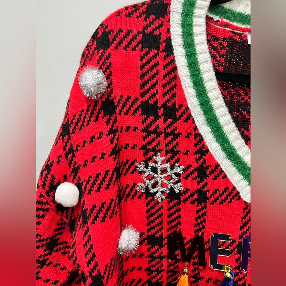 Merry Christmas 3-D Spell Out Embellished Plaid Holiday UGLY Sweater Bling - Picture 5 of 6